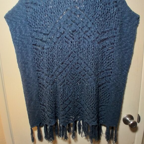 Poncho Style Crochet Sweater with Fringe Detail- Color: Denim Blue Size: XL - Picture 5 of 11